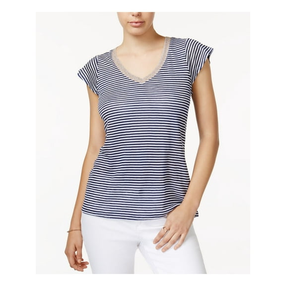 MAISON JULES $40 Womens New 1325 Navy Striped V Neck Top XS B B