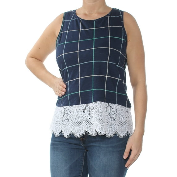 MAISON JULES $40 Womens New 1830 Navy Printed Lace Trim Tank Top M B+B