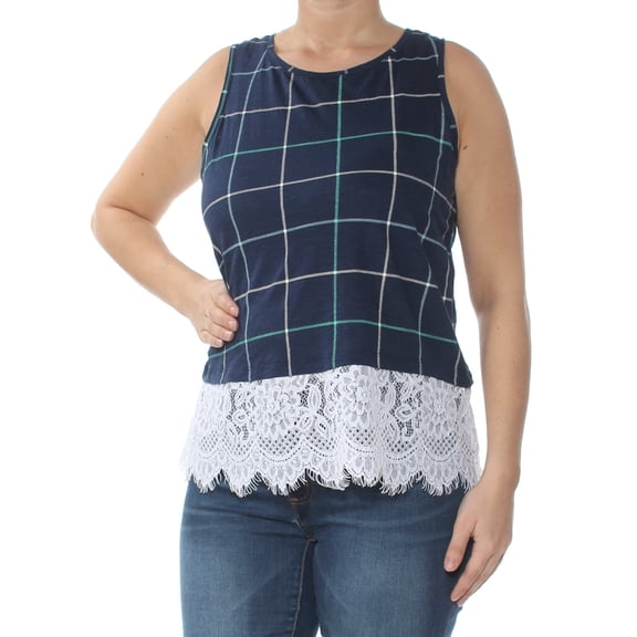 MAISON JULES $40 Womens New 1830 Navy Printed Lace Trim Tank Top M B+B