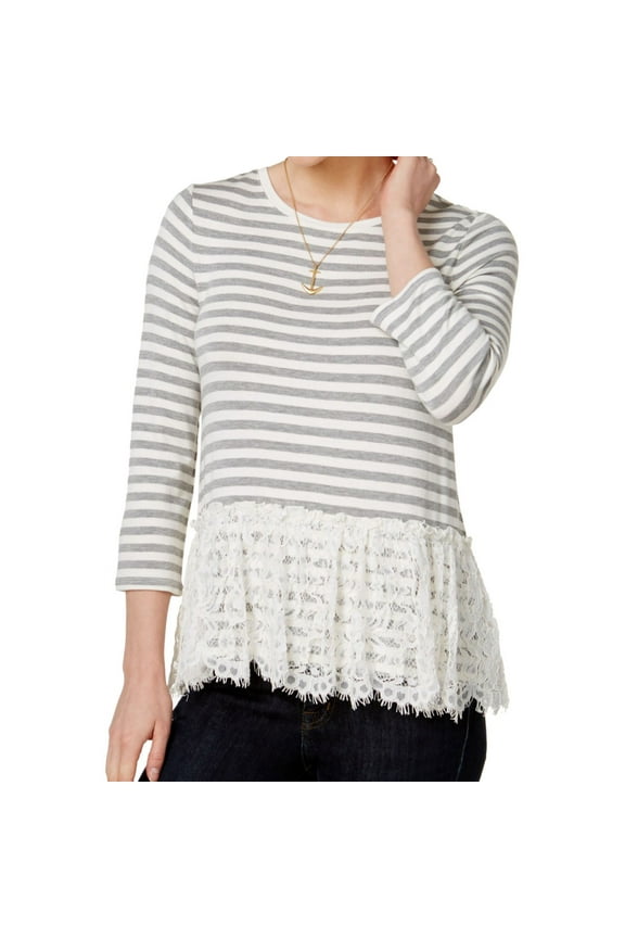 $59 Womens New 1300 Ivory Striped Lace 3/4 Sleeve Peplum Top M B+B