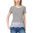 thumbnail image 1 of MAISON JULES $59 Womens New 1408 Black Striped Lace-up  Short Sleeve Top L B+B, 1 of 1