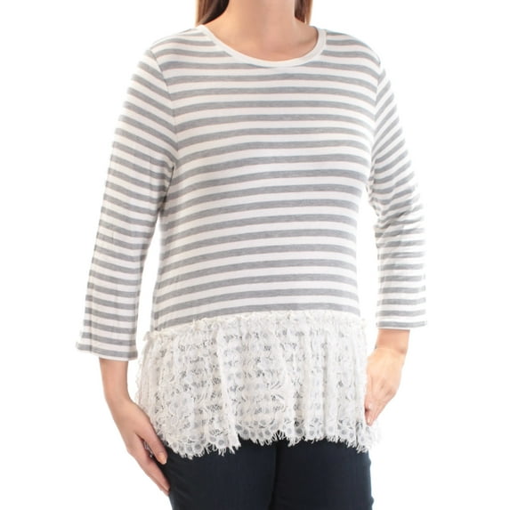 MAISON JULES Womens Ivory Gray Lace Striped 3/4 Sleeve Jewel Neck Top Size: L