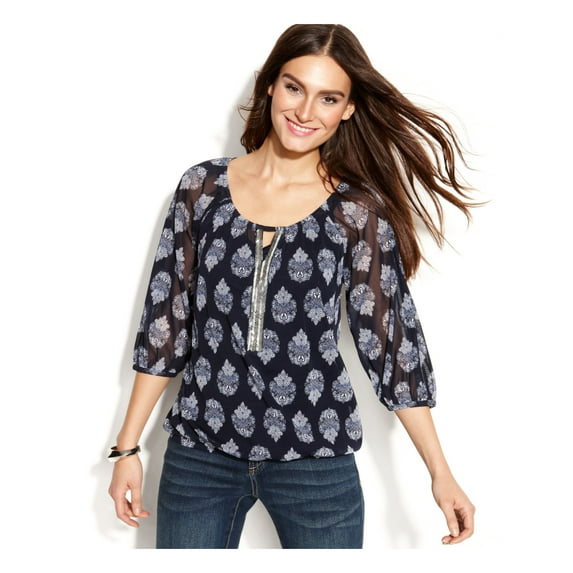 MAISON JULES $60 Womens New 1480 Navy Floral Tie Bell Sleeve Boat Neck Top M B+B