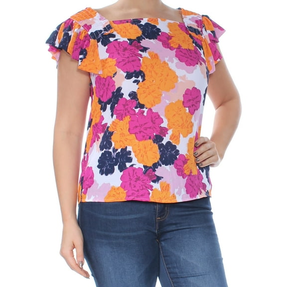 MAISON JULES $60 Womens New 1589 White Floral Square Neck Top L B B