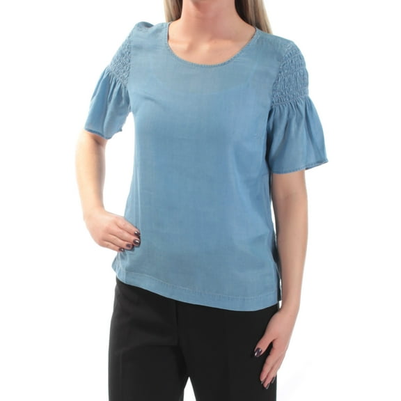 MAISON JULES $60 Womens New 1783 Blue Pleated Bell Sleeve Scoop Neck Top XS B+B