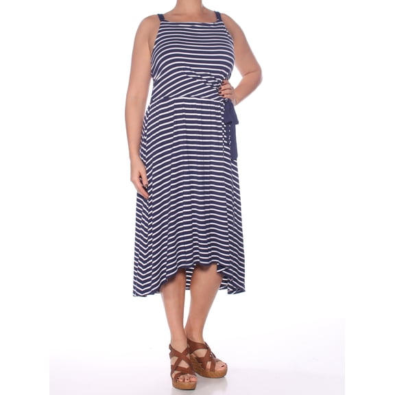MAISON JULES $69 Womens New 1364 Navy Striped Tie Hi-lo Faux Wrap Dress L B B