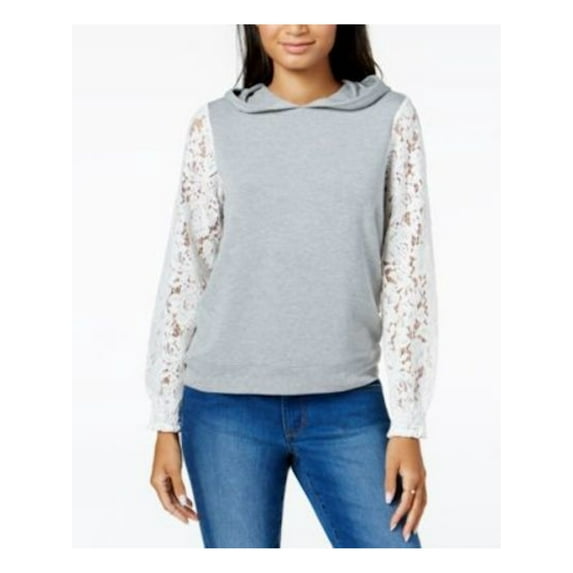 MAISON JULES $70 Womens 1386 Gray Lace-sleeve Hoodie Sweater S B+B