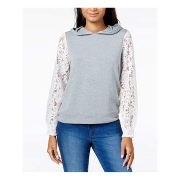 MAISON JULES $70 Womens 1386 Gray Lace-sleeve Hoodie Sweater S B+B