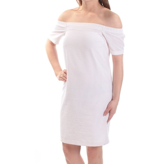 MAISON JULES $70 Womens New 1456 Pink Striped Off Shoulder Shift Dress M B+B