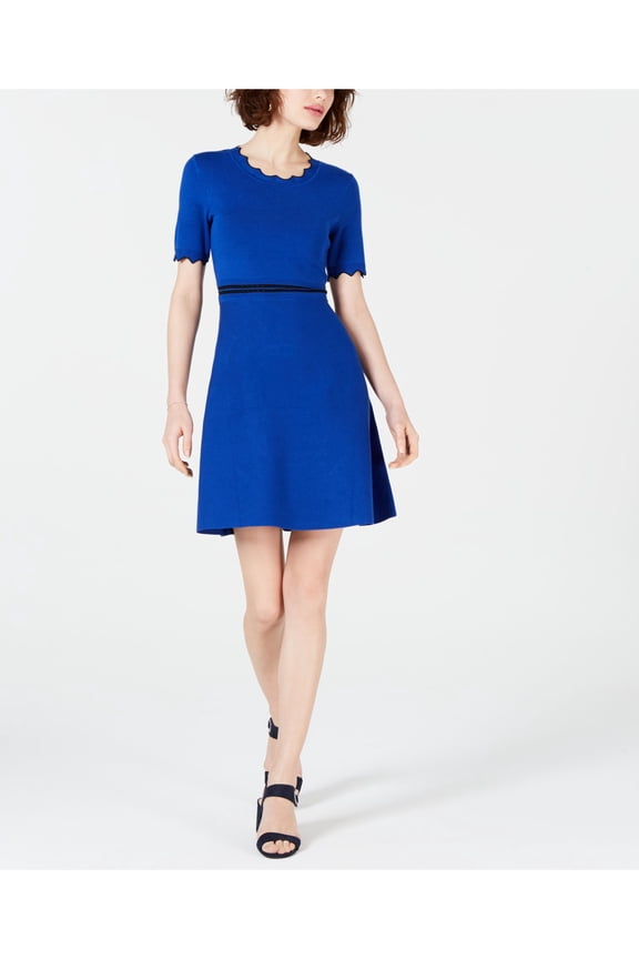 $80 Womens New 0106 Blue Ribbed Knit Scalloped Sheath Dress L B+B