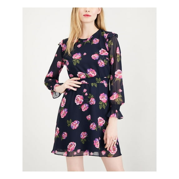 MAISON JULES $80 Womens New 1033 Navy Printed Smocked Long Sleeve Dress XS B+B