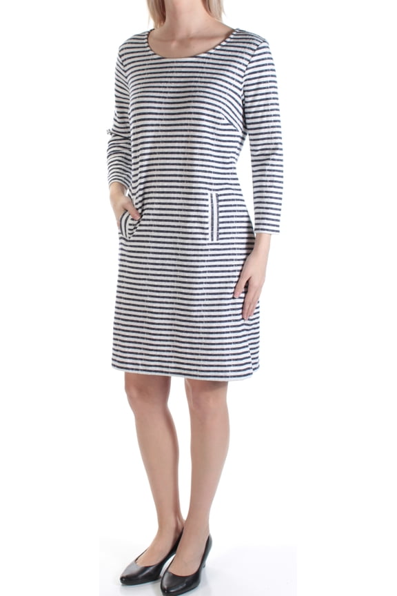$80 Womens New 1345 Navy Striped Pocketed Long Sleeve Dress S B+B