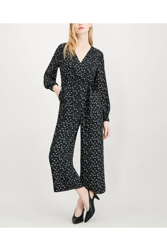 $89 Womens New Black Printed Long Sleeve Wide Leg Jumpsuit 6 B+B