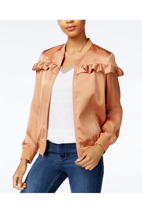 Womens Brown Ruffled Zippered Zip Up Jacket Size: 2XS