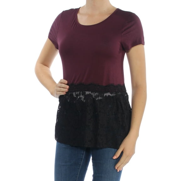 MAISON JULES Womens Burgundy Lace Scoop Neck Short Sleeve Top M