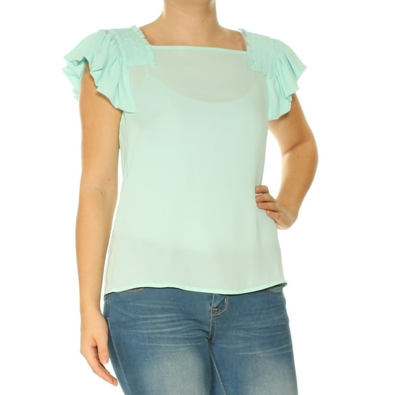 MAISON JULES Womens Light Blue Petal Sleeve Jewel Neck Top S