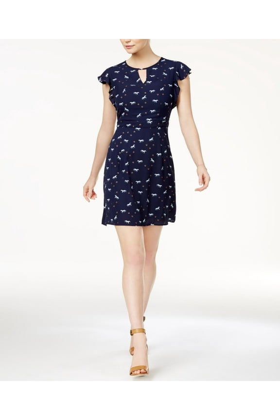 Womens Navy Horses Short Sleeve Keyhole Sheath Dress XS