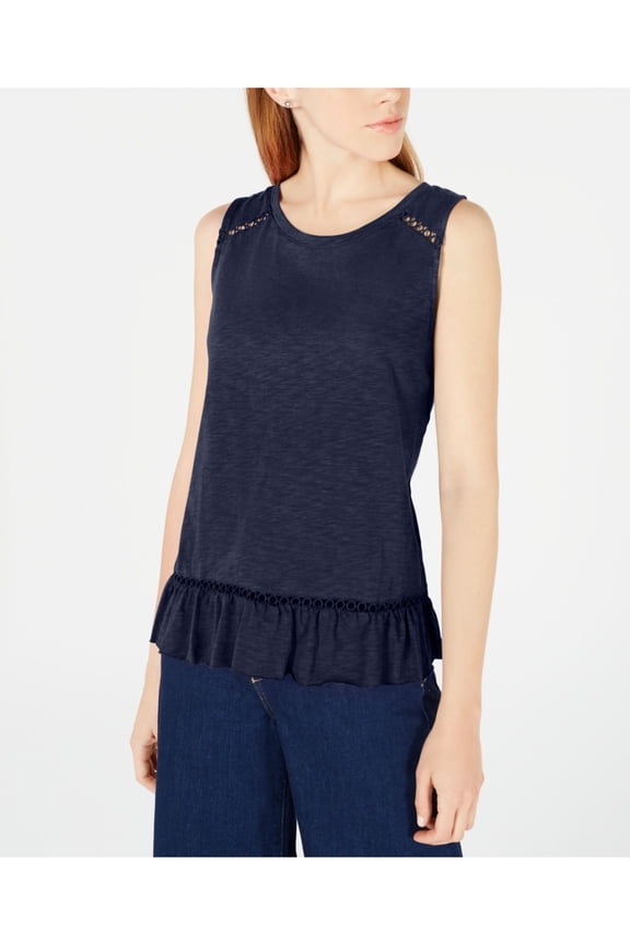 Womens Navy Ruffled Sleeveless Jewel Neck Top L