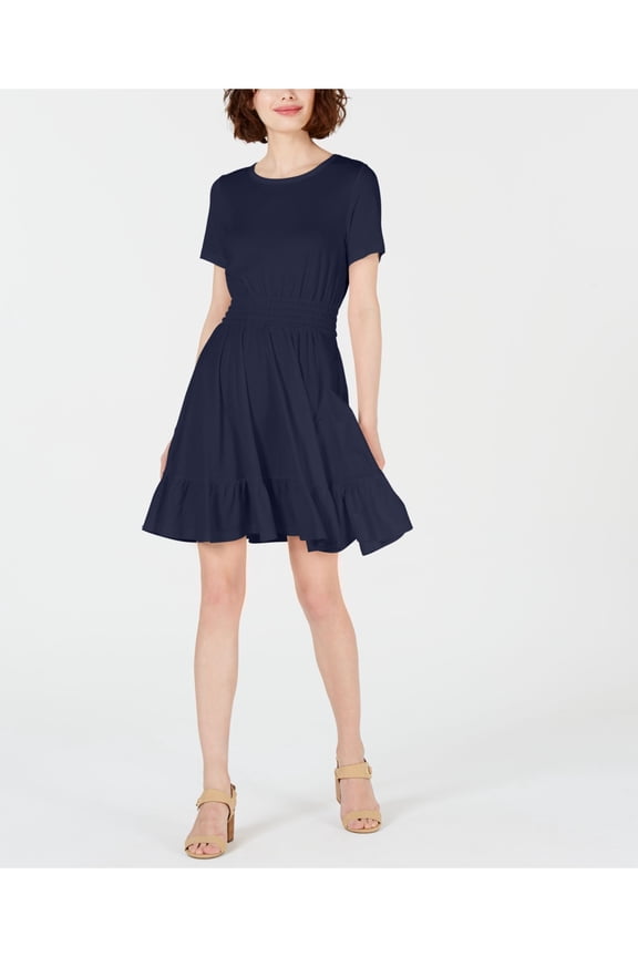 Womens Navy Short Sleeve Jewel Neck Mini Fit + Flare Dress Size: M