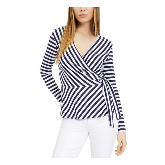 MAISON JULES Womens Navy Side Tie Striped Long Sleeve V Neck Top S