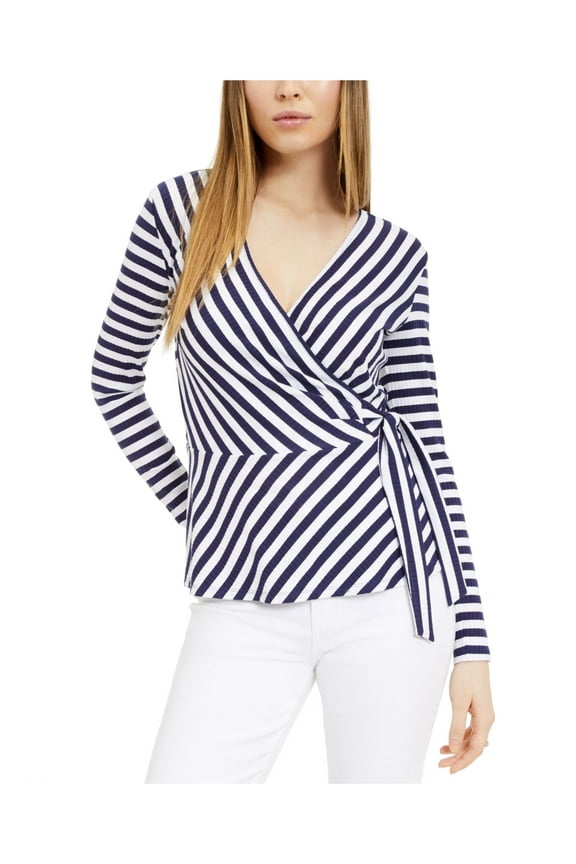 Womens Navy Side Tie Striped Long Sleeve V Neck Top S