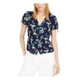 thumbnail image 1 of MAISON JULES Womens Navy Tie Floral Short Sleeve V Neck Button Up Top M, 1 of 2