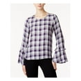 thumbnail image 1 of MAISON JULES Womens Purple Plaid Bell Sleeve Jewel Neck Blouse S, 1 of 2