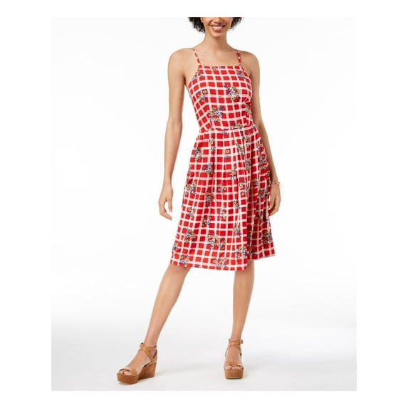 MAISON JULES Womens Red Printed Spaghetti Strap Square Neck Below The Knee A-Line Dress 10