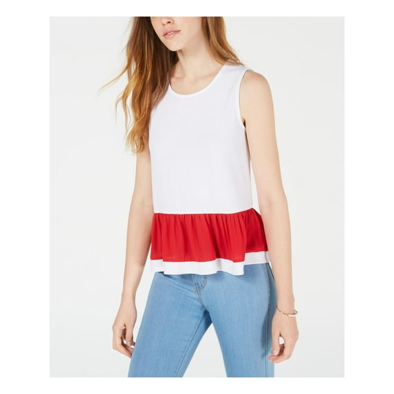 MAISON JULES Womens White Ruffled Color Block Sleeveless Jewel Neck Peplum Top L
