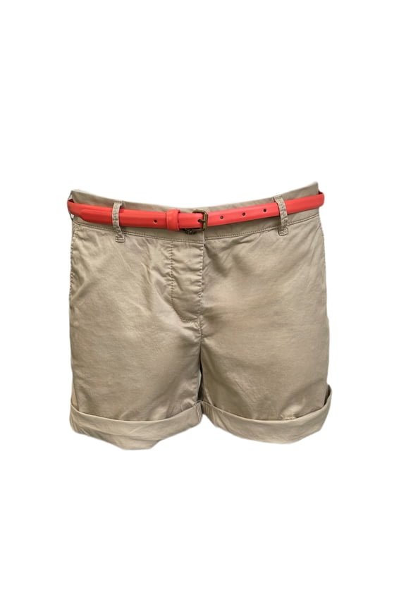 Women's Cuffed Leather Belt Shorts, Beige, 27