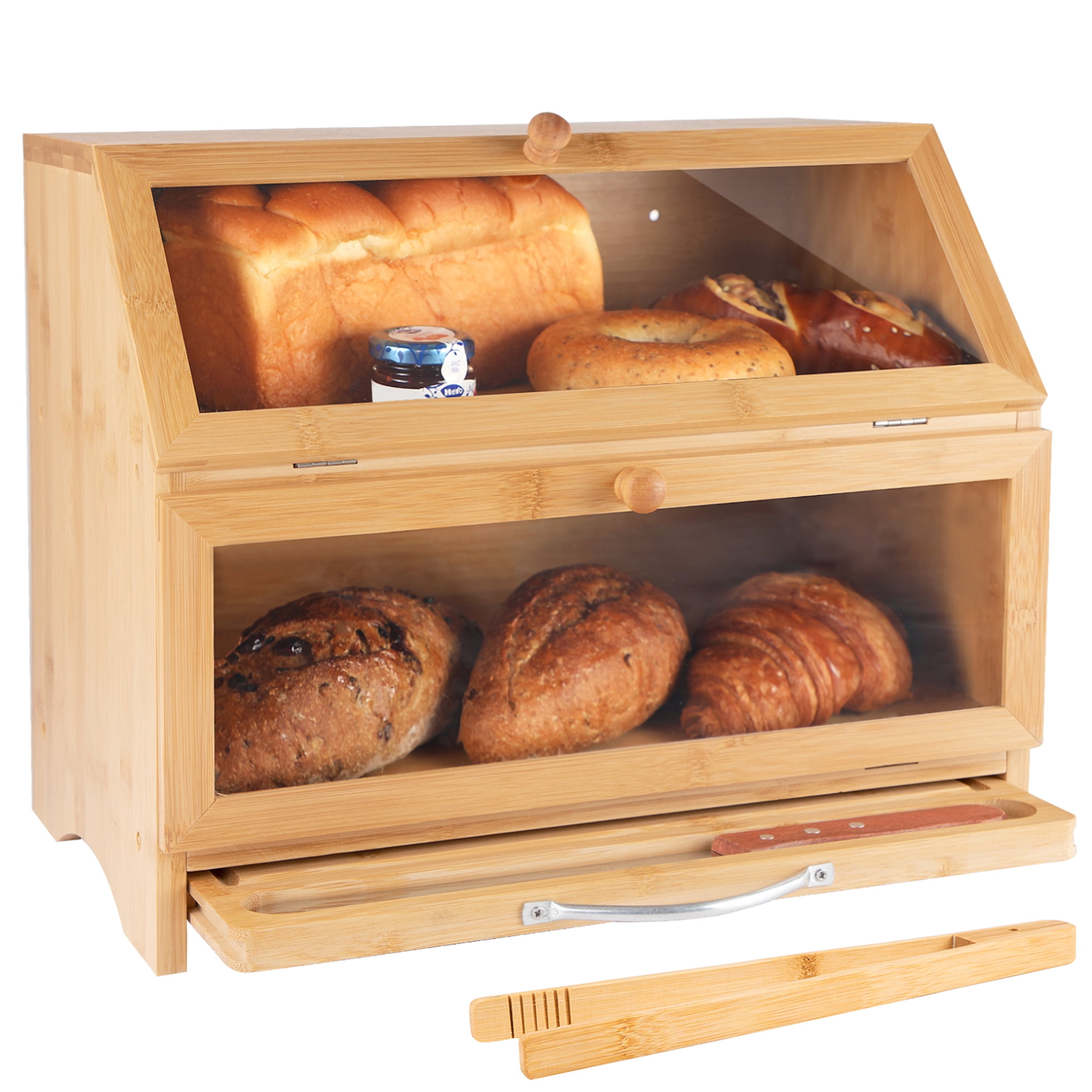 Double Layer Corner Bread Box - Bamboo Large Capacity Breadbox - Bread Box  for Kitchen Countertop with Adjustable Separator, Easy to Assemble - Modern
