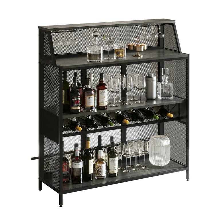 PAKASEPT Home Bar Table, 4 Tier Liquor Cabinet Bar with Stemware Racks and  Wine Storage Shelves, Mini Bar Wine Cabinet for Home Kitchen Pub, Rustic  Brown 