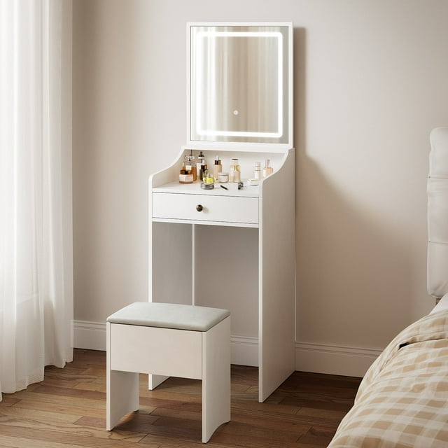 MAIYORIAT Small Vanity Desk with LED Mirror and Stool, Makeup Vanity
