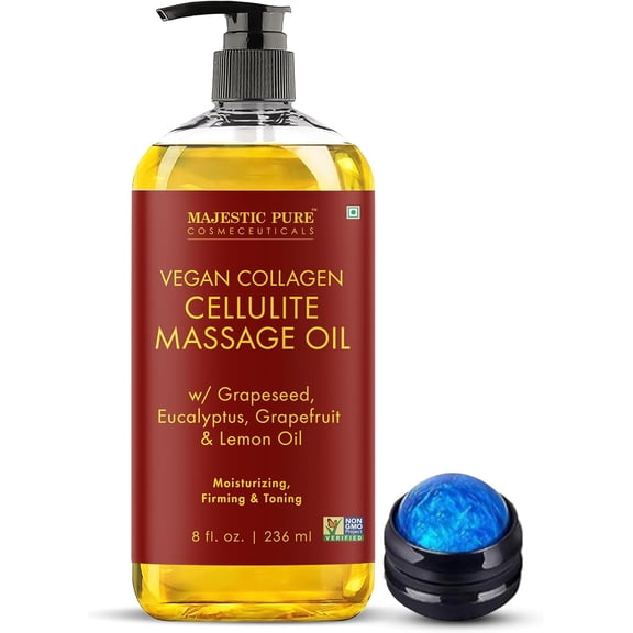 Majestic Pure Firming Body Massage Oil with Collagen & Roller | Helps Improve the Look of Skin Texture | Refreshing Body Oil for Legs & Full Body | 8 fl oz
