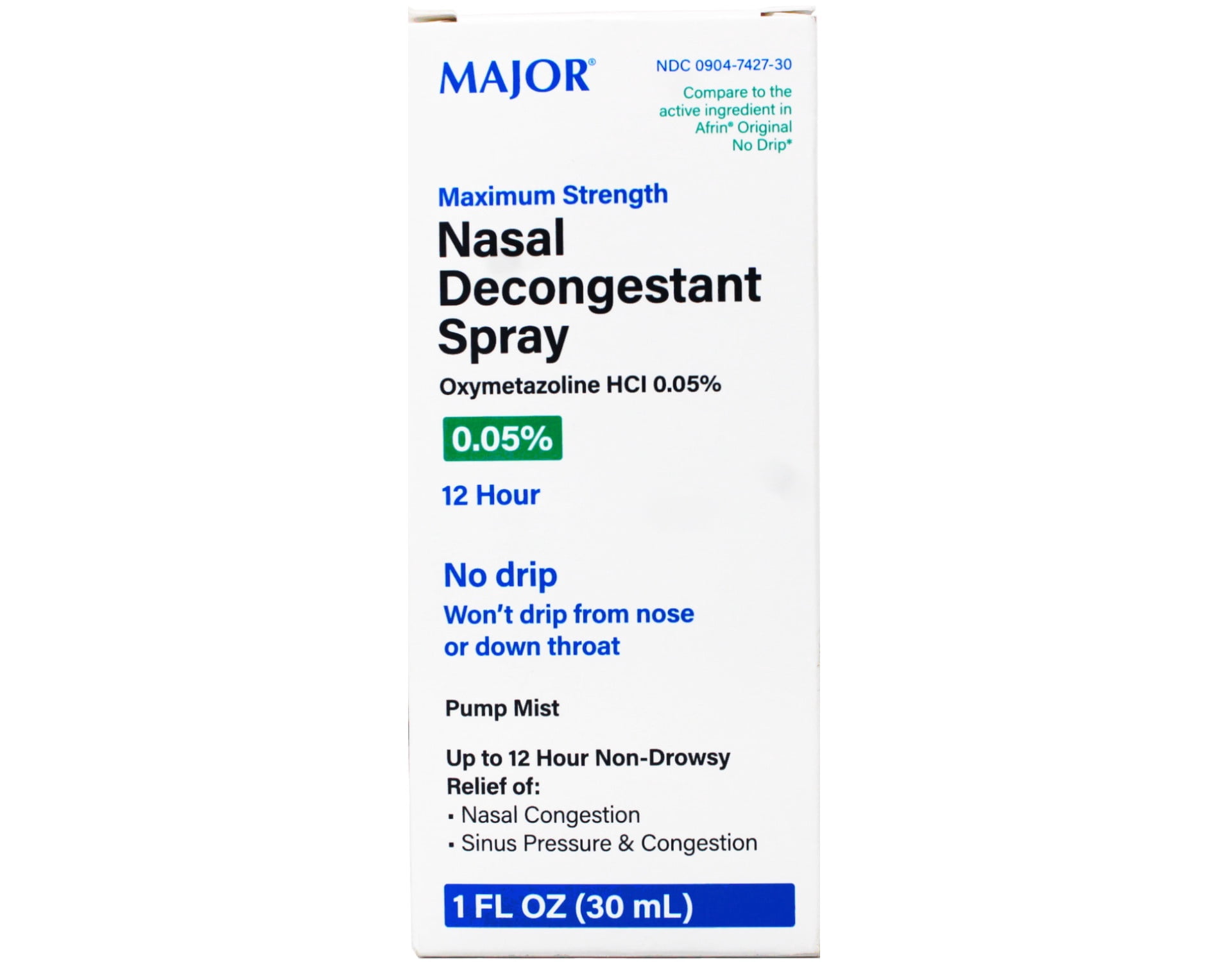 MAJOR 12-Hour Nasal Decongestant Spray - Oxymetazoline Hydrochloride 0.05% Nose Spray for Adults - Soothing Pump Mist Spray for Cold, Allergy, Nasal Congestion, and Sinus Relief - 1 Fl. Oz. (12 Pack)