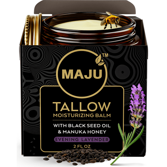 MAJU's Black Seed Manuka Tallow, 2 Fl Oz, Evening Lavender, Grass Fed Beef Tallow Balm, Deeply Hydrating for All Night Skin Nourishment