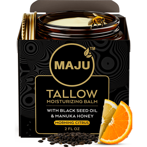 MAJU's Black Seed Manuka Tallow, 2 Fl Oz, Morning Citrus, Grass Fed Beef Tallow Balm, Deeply Hydrating for All Day Skin Nourishment
