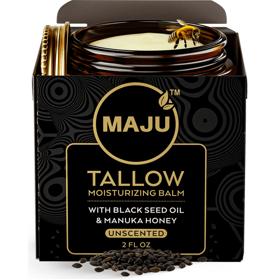 MAJU's Black Seed Manuka Tallow, 2 Fl Oz, Unscented, Grass Fed Beef Tallow Balm, Deeply Hydrating for All Day Skin Nourishment