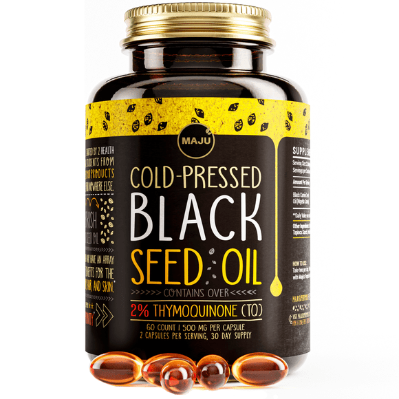 MAJU Black Seed Oil Capsules (60ct), Cold Pressed, High Thymoquinone Nigella Sativa Gelcaps, Halal Friendly, 500mg Per Serving