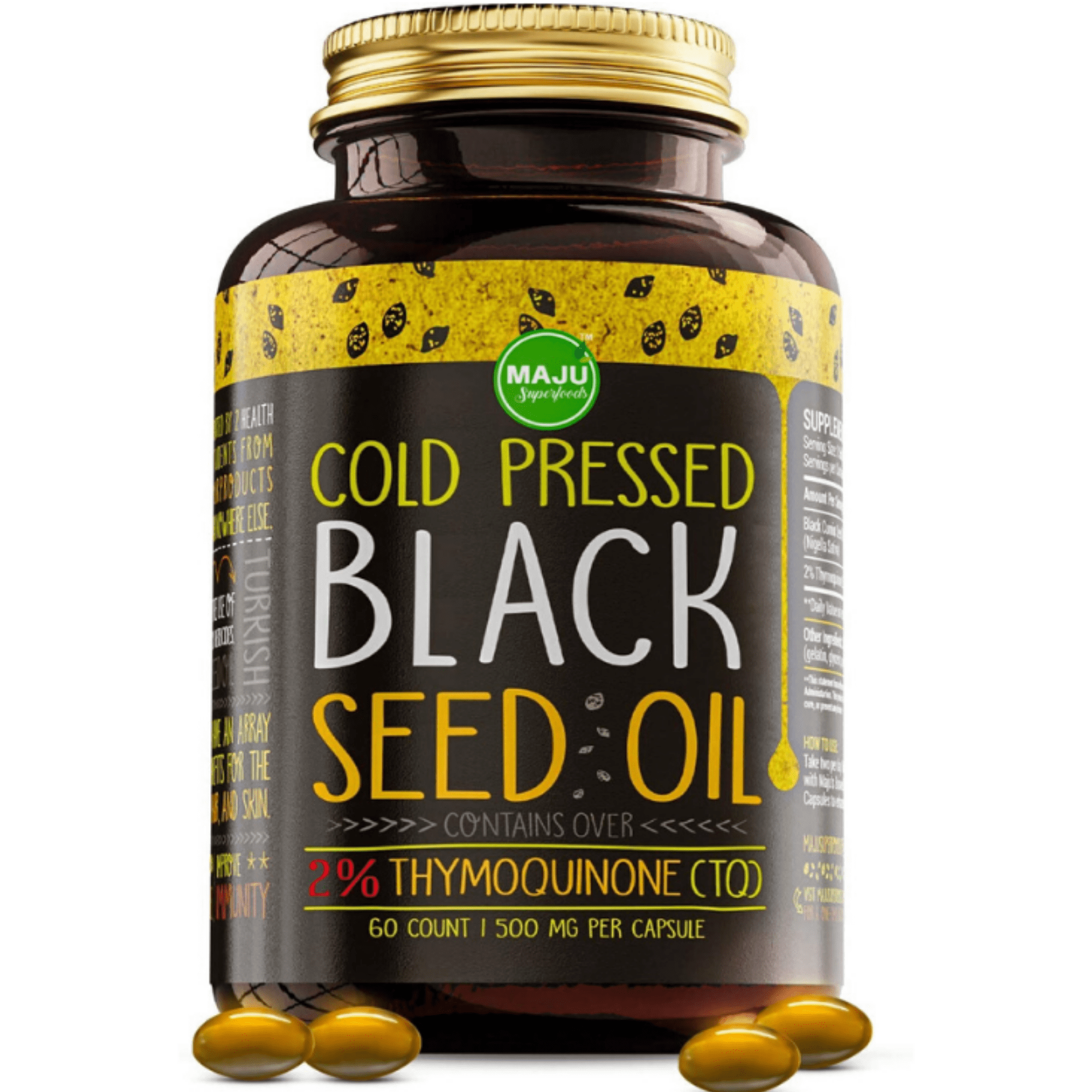 MAJU's Black Seed Oil Capsules - Stronger 3X% Thymoquinone - Cold-Pressed - Black Cumin Nigella Sativa Seed Oil - Organic Grown BSO - Pure Blackseed (60ct)