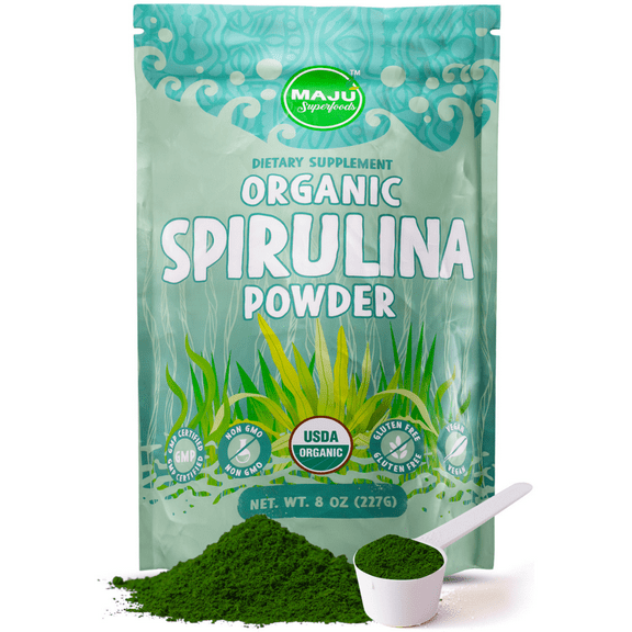 MAJU's Organic Spirulina Powder (.5 lb) - Microcystin Free, Non-Irradiated, Preferred to Chlorella, Hawaiian & Blue Algae, Pure Vegan Green Protein