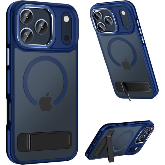 MAKAVO Magnetic for iPhone 17 Pro Case with Stand, Compatible MagSafe, Slim Translucent Matte Military-Grade Drop Protection Phone Cover, Blue