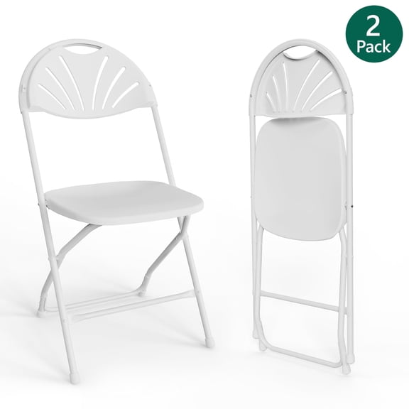 MAKE CHANGES 2 Pack Fan Back Folding Chairs, Metal Frame Indoor Outdoor Portable Stackable Seat, for Party Home Events Capacity 650 lbs, White