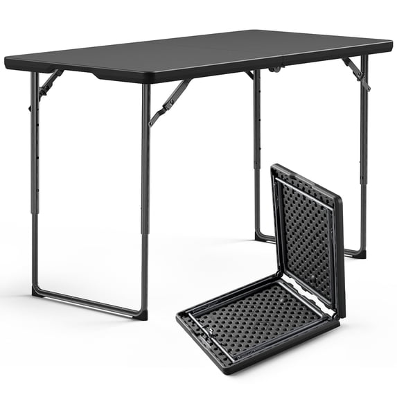 WASUHE 4 Foot Folding Table, Lightweight Adjustable Height Camping Table with Non-Slip Legs, Indoor/Outdoor Essential, Grill, Events, Party, Black