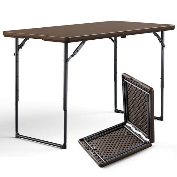 WASUHE 4 Foot Folding Plastic Table with Non-Slip Legs, Adjustable Height Rectangular Lightweight Camping Fold Tables for Outdoor Events, Party, Dining, Wedding, office, Bronw