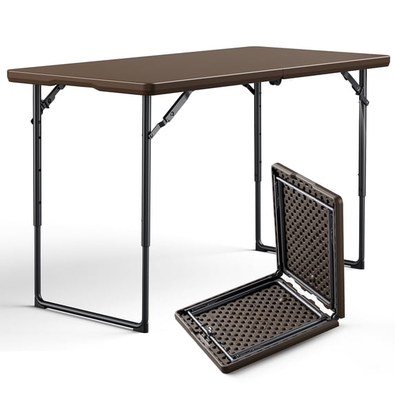 WASUHE 4 Foot Folding Plastic Table with Non-Slip Legs, Adjustable Height Rectangular Lightweight Camping Fold Tables for Outdoor Events, Party, Dining, Wedding, office, Bronw