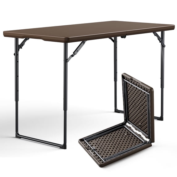 WASUHE 4 Foot Folding Plastic Table with Non-Slip Legs, Adjustable Height Rectangular Lightweight Camping Fold Tables for Outdoor Events, Party, Dining, Wedding, office, Bronw
