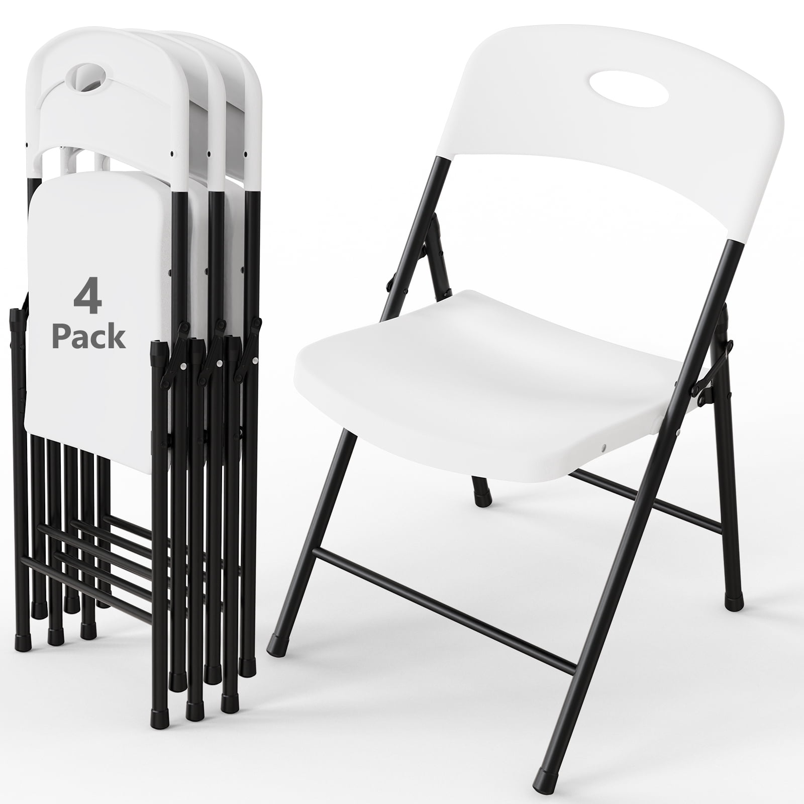 WASUHE 4 Pack White Folding Chairs with Enhanced Iron Frame, Stackable Plastic Folding Chairs for Outside, Indoor, Party, Wedding, Meeting Room, Patio and Garden, Weight Capacity 350 lbs