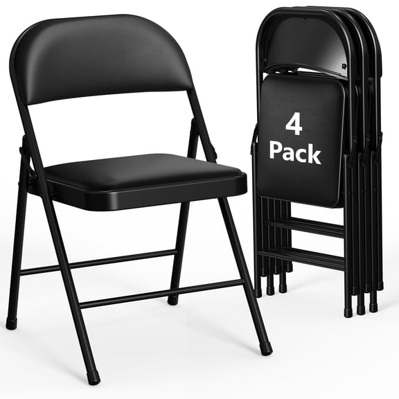 WASUHE 4 Pcs Folding Chairs, PU Leather Padded Folding Chairs with Padded Cushion and Back, Portable Lightweight Stackable Sillas Para Fiestas for Home, Office, Party, Indoor & Outdoor, Black