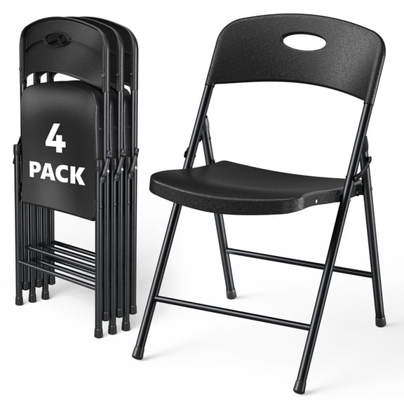 WASUHE 4PCS Folding Chairs with Enhanced Iron Frame, Outdoor Plastic Stackable Foldable Chairs for Outside, Indoor, Party, Wedding, Meeting Room, Patio, Garden, Weight Capacity 350 lbs, Black